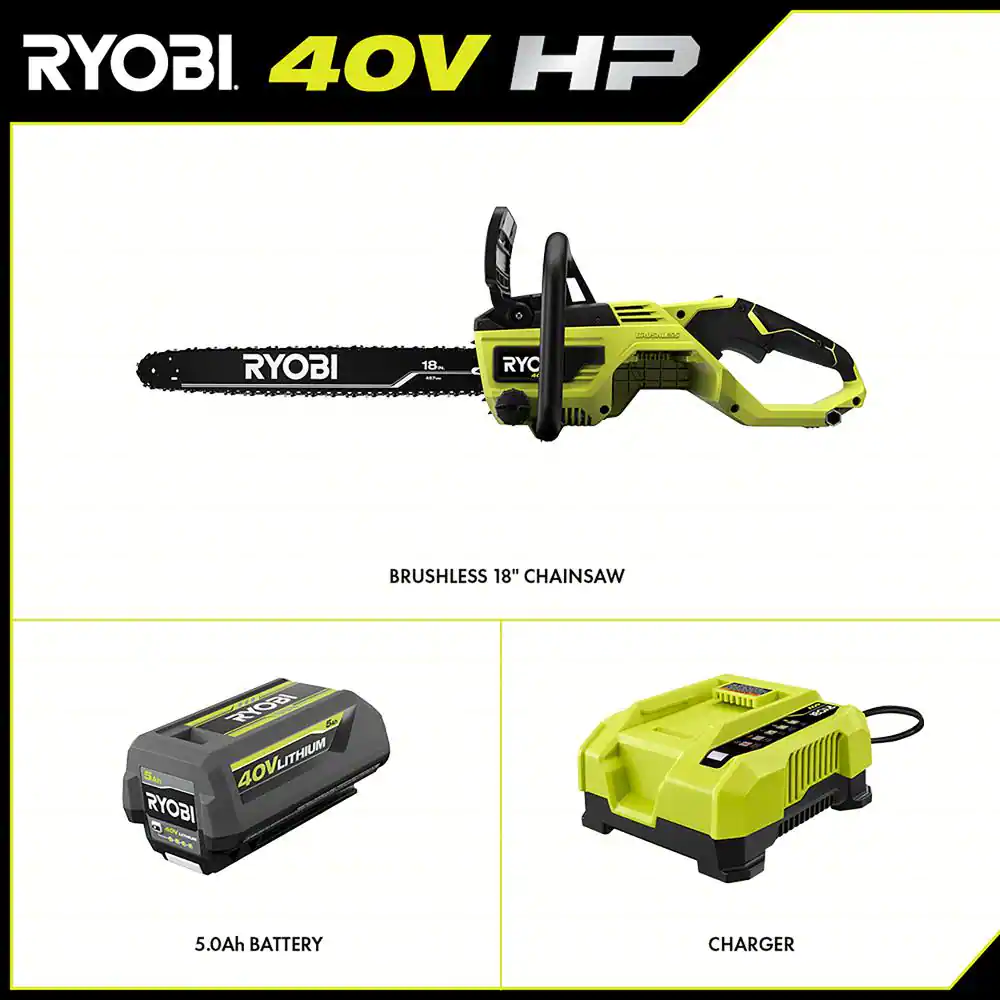 RYOBI RY40580 40V HP Brushless 18 in. Cordless Battery Chainsaw with 5.0 Ah Battery and Charger