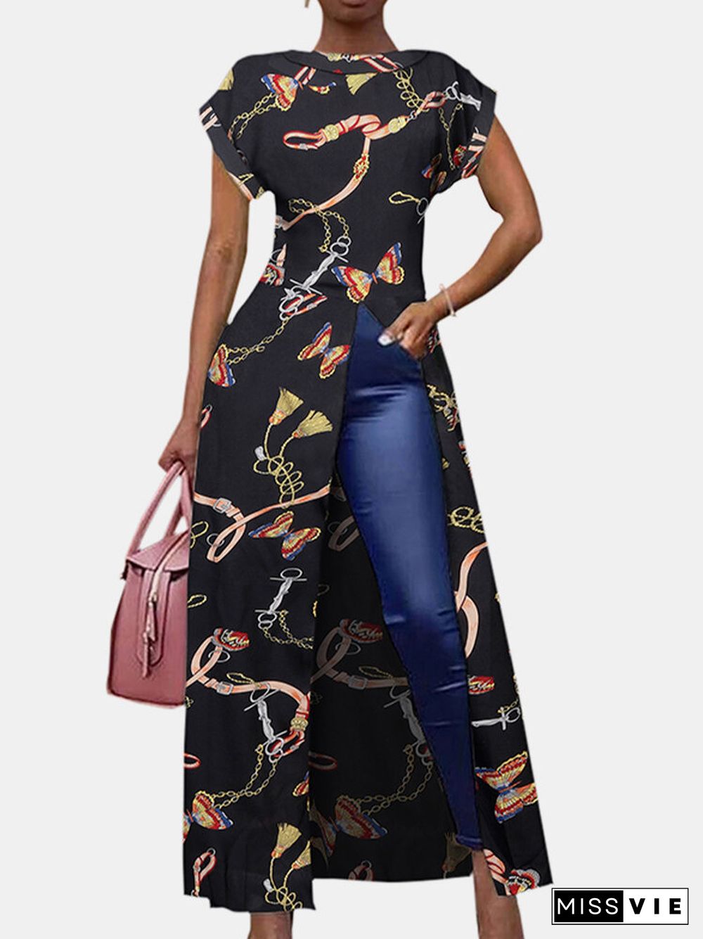 Splited Butterfly Print Short Sleeve O-neck Long Blouse For Women