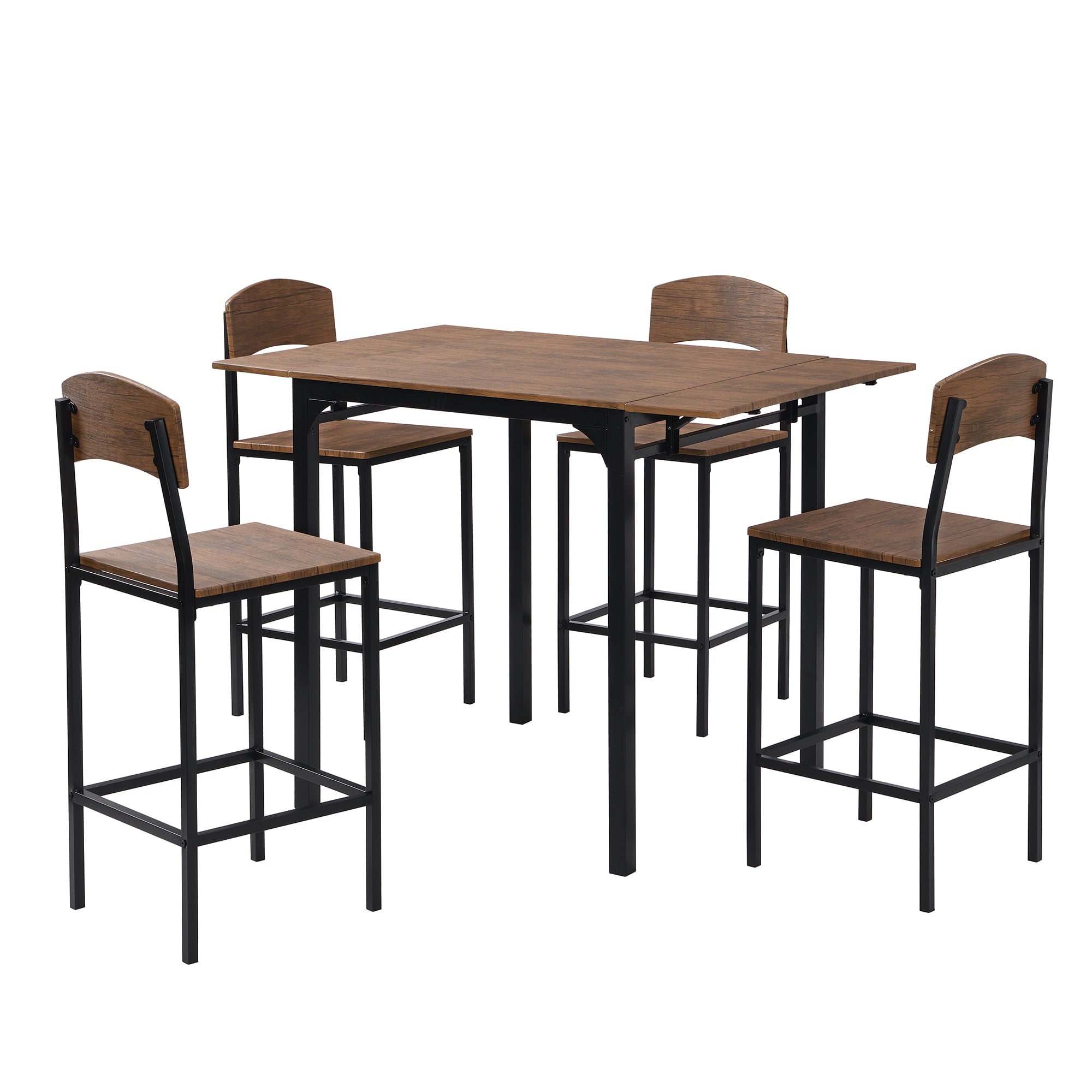 paproos 5-Piece Counter Height Dining Table and Chairs Set, Brown Finish Drop Leaf Dinner Table and 4 Chairs Set for Kitchen Dining Room Breakfast Nook, Farmhouse Dining Table Set with Black Frame