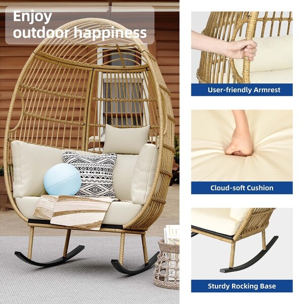 Moasis Outdoor Rocking Egg Chair，AllWeather Wicker Patio Rocking Basket Chair with Cushions