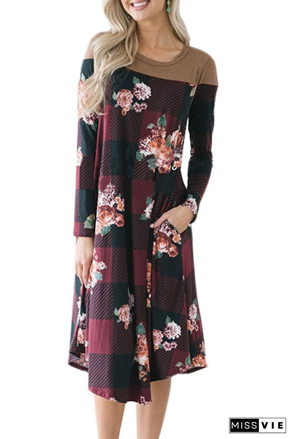 Joint Long Sleeve Women Pocket Casual Printed Dress