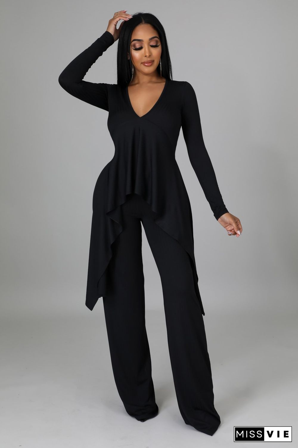 V Neck Irregular Top Straight-leg Pants Set