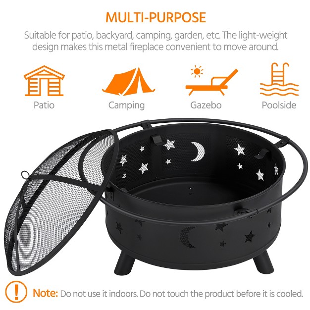 Outdoor Fire Pit Set Heating Warm Equipment Including Poker Mesh Cover With Stars Moons Pattern Black