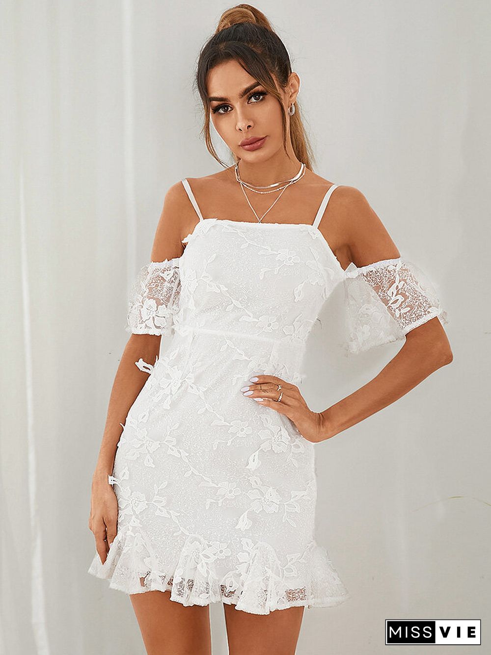 Solid Backless Strap Off The Shoulder Short Sleeve Lace Dress