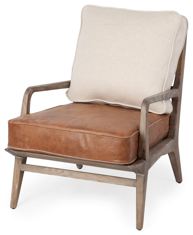 HomeRoots Brown Leather Seat Accent Chair With Off White Fabric   Midcentury   Armchairs And Accent Chairs   by VirVentures  Houzz