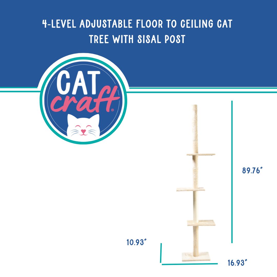 Cat Craft 4-Level Adjustable Floor to Ceiling Cat Tree with Sisal Post (7.5-9' Ceiling) Cream