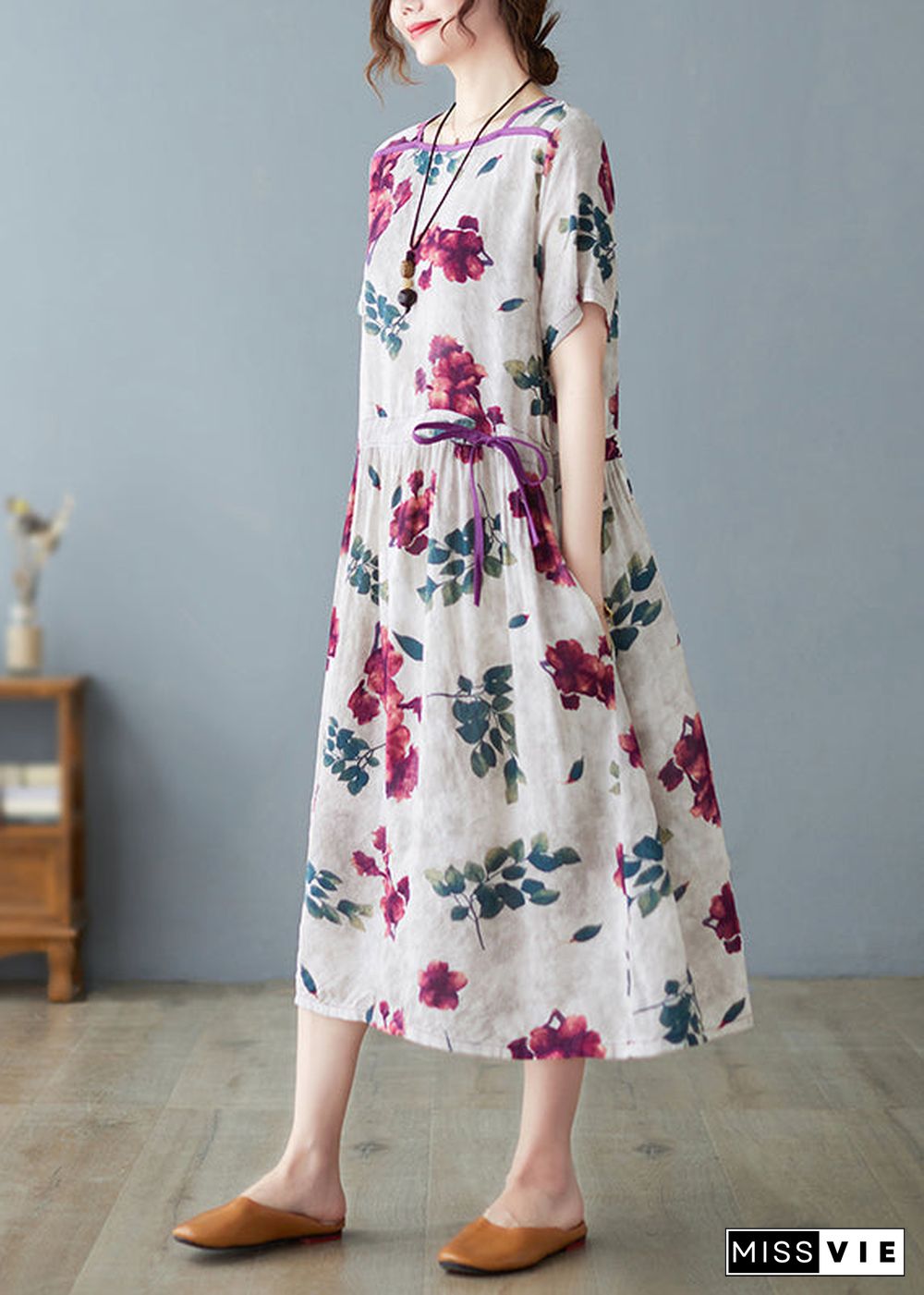 Fashion O-Neck Print Drawstring Tie Waist Long Dress Summer