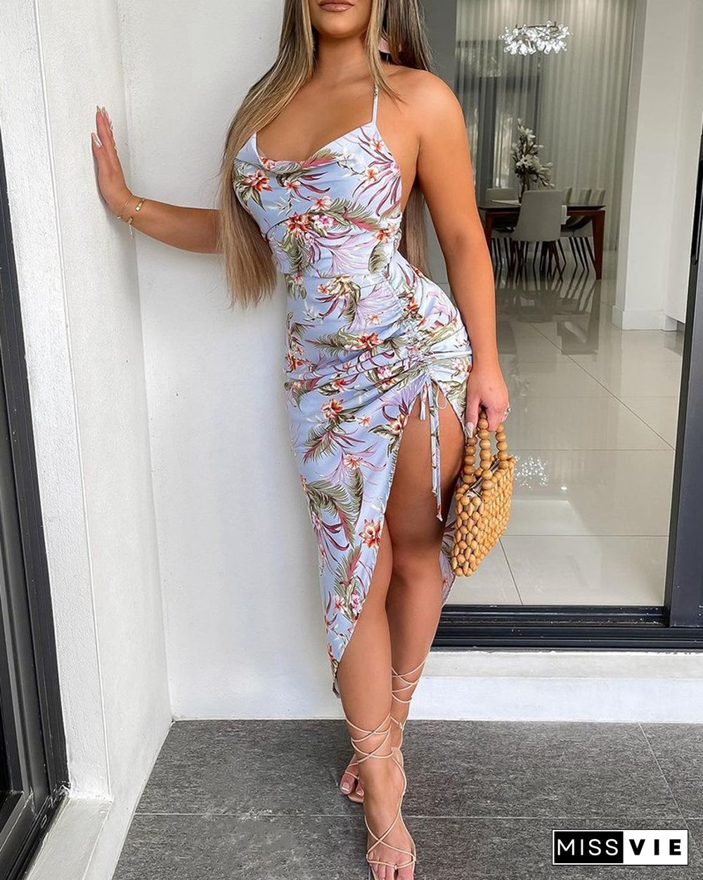 Tropical Print Ruched Drawstring Slit Dress