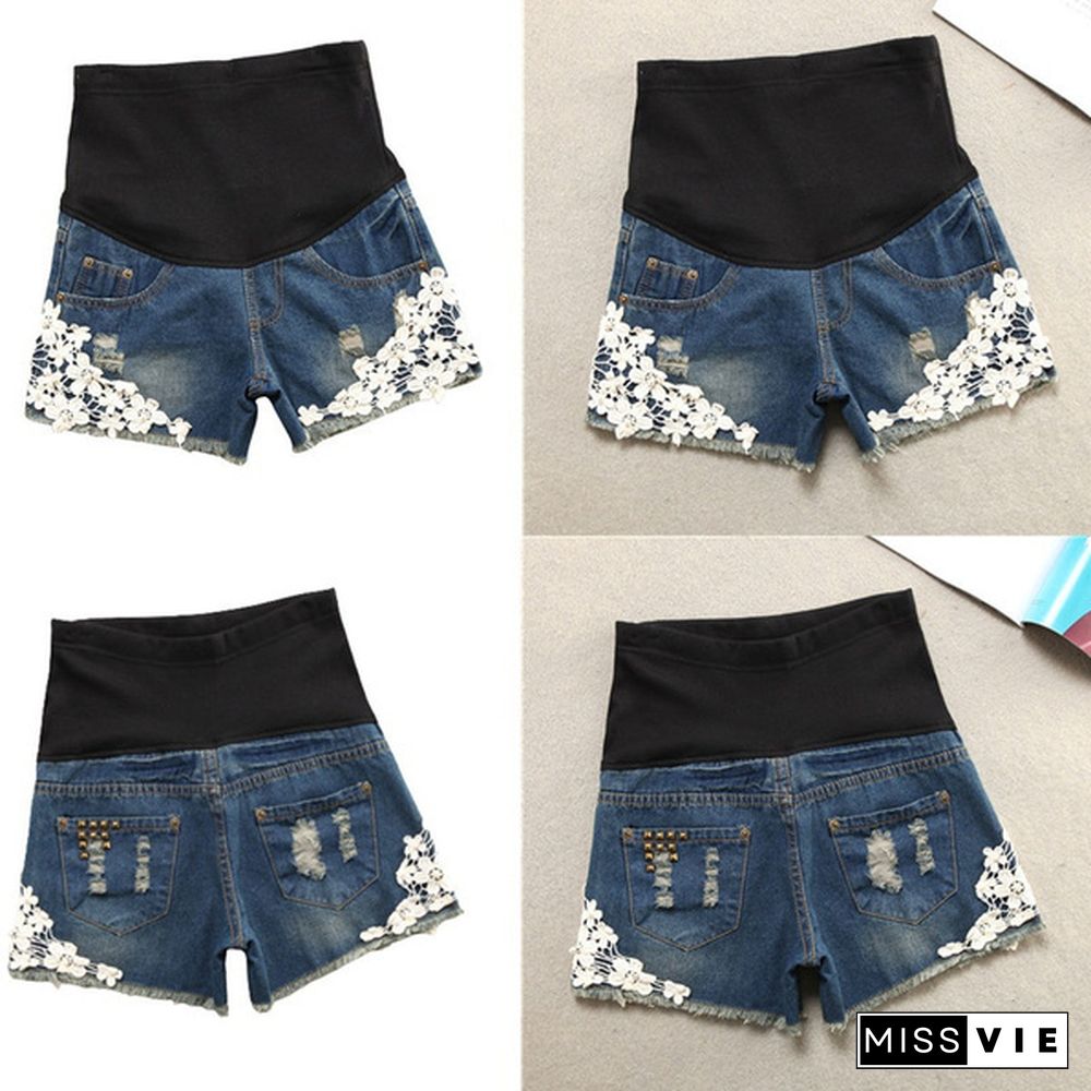 Summer Maternity Ripped Denim Shorts for Pregnant Women Pregnancy Low Waist Belly Loose Shorts