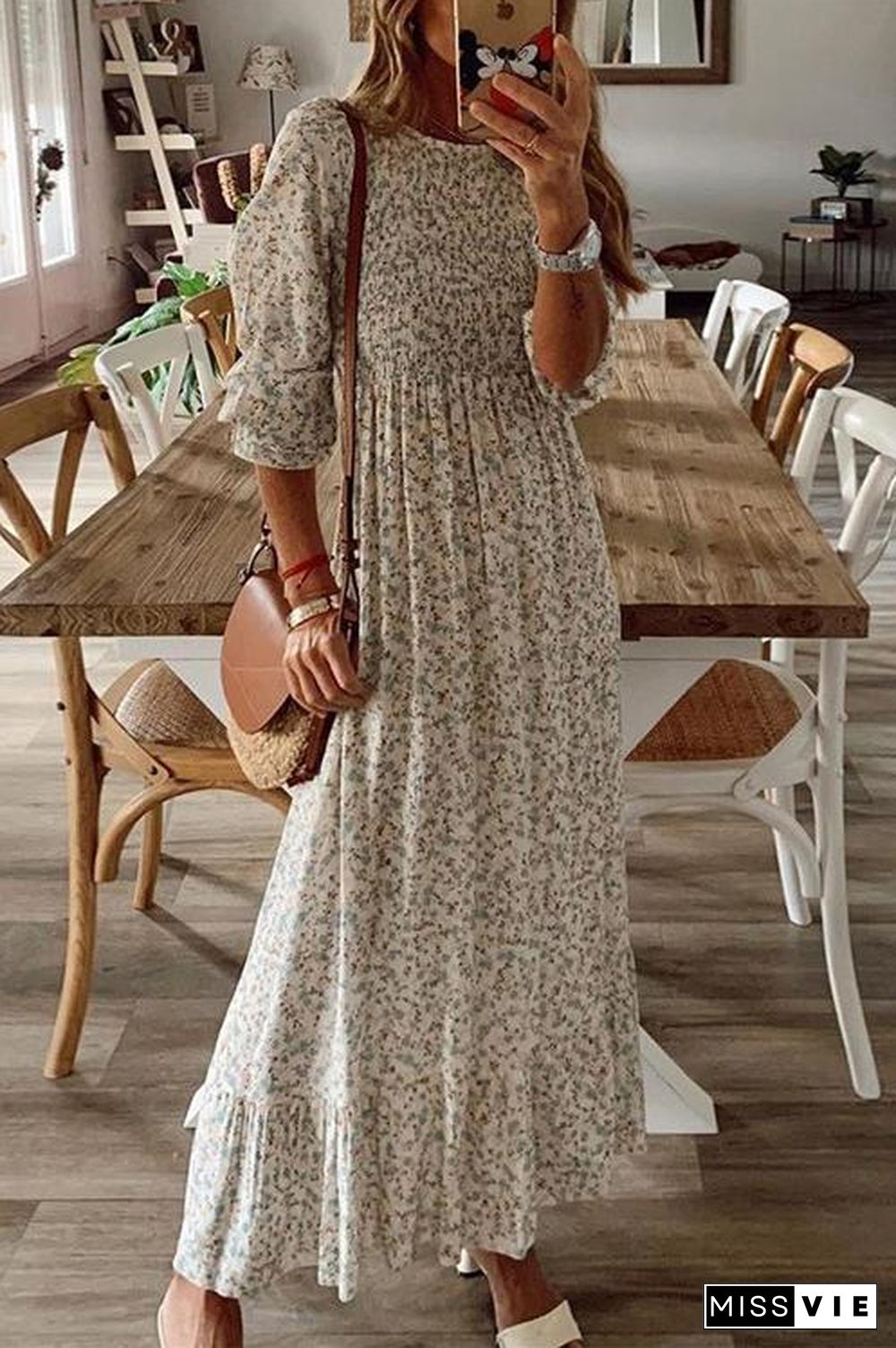 Floral Print O Neck Maxi Dress