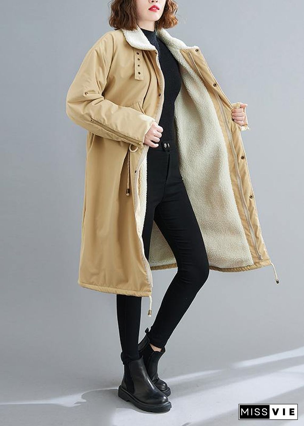 Fashion Loose fitting mid-length coats khaki Square Collar drawstring Woolen Coats