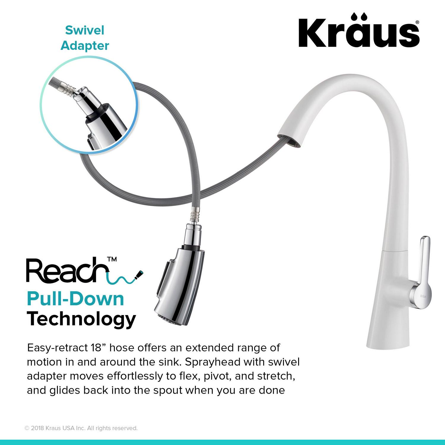 KRAUS Nolen Dual Function Pull-Down Kitchen Faucet， Chrome/White Finish