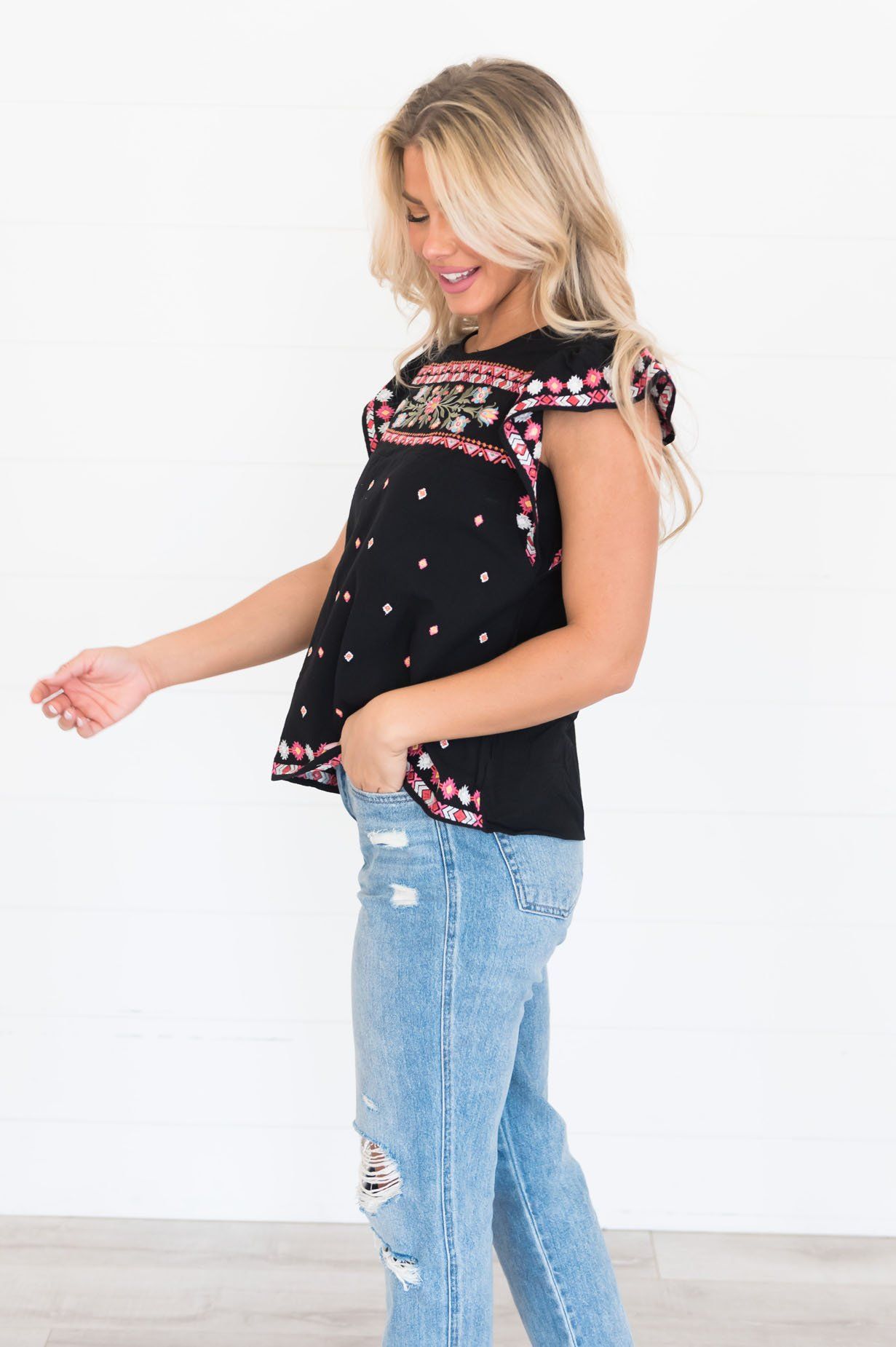 More Than Words Aztec Embroidered Blouse