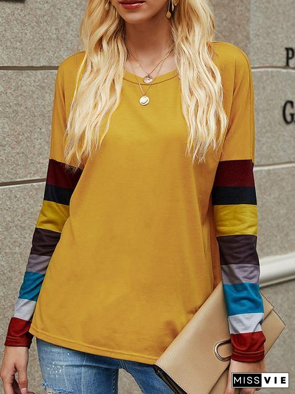 Casual Round Neck Striped Long Sleeve T-Shirt