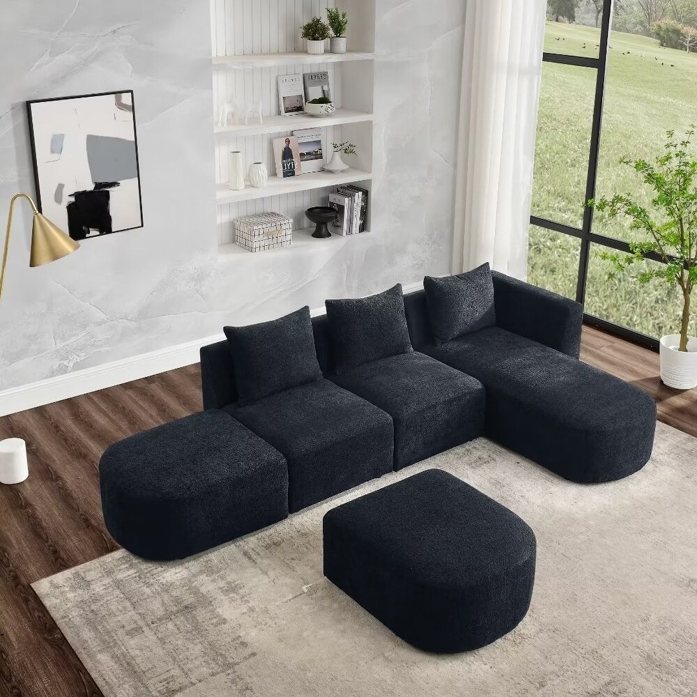 L Shape Sectional Sofa with Chaise and Ottoman  Loop Yarn Fabric