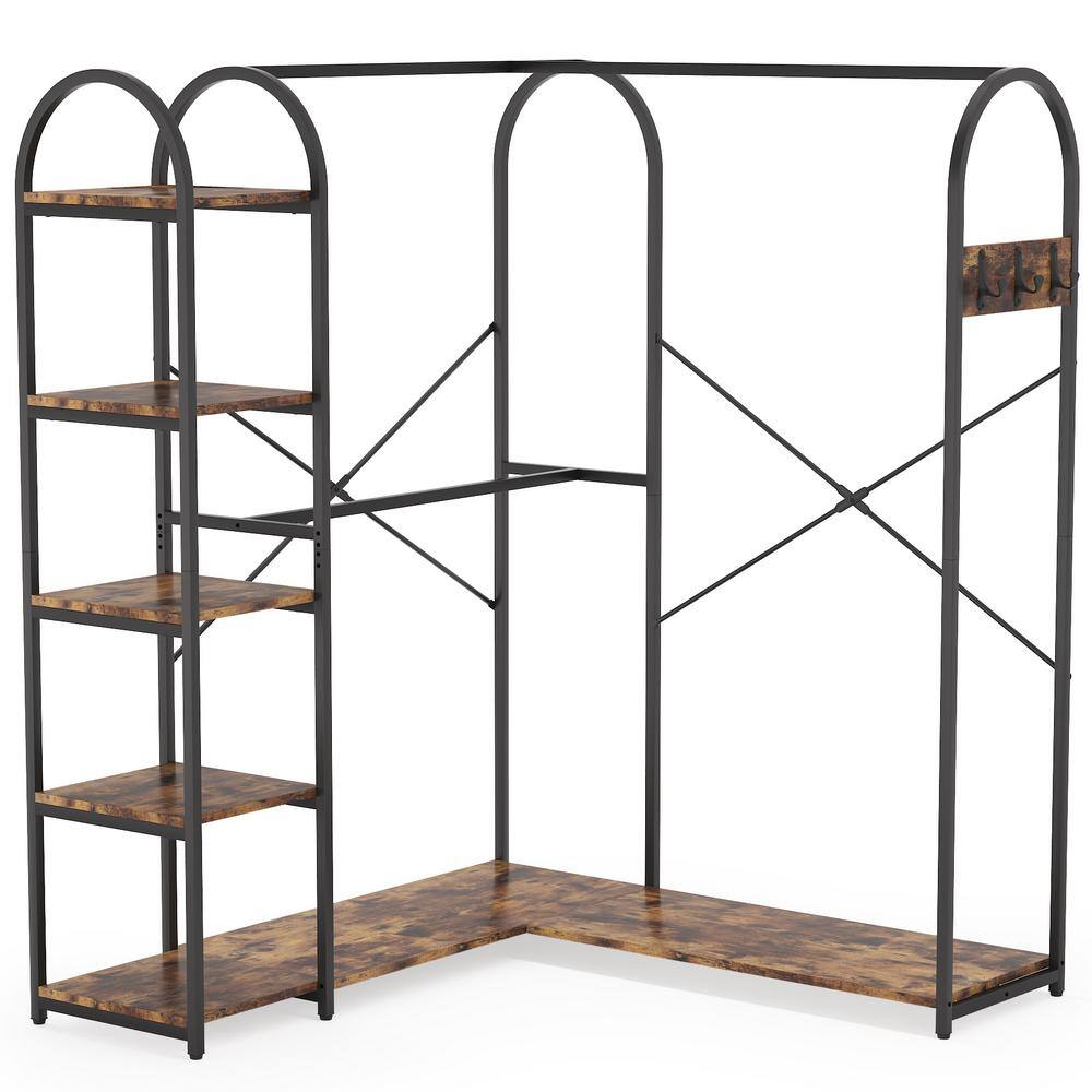 BYBLIGHT Carmalita Rustic Brown and Black L-Shaped Corner Garment Rack Closet Organizer with Storage Shelves and Coat Rack BB-JW0199XL