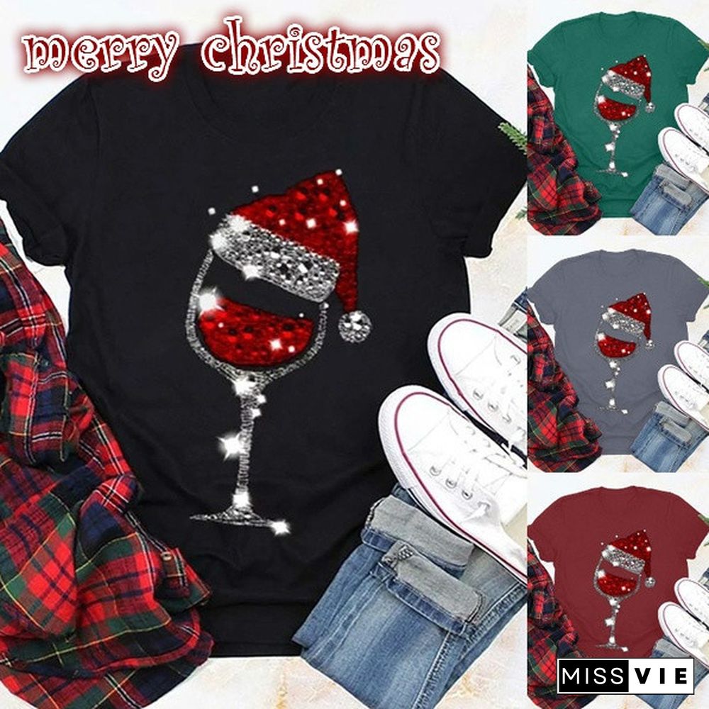 Merry Christmas New Women Fashion Casual Christmas Hat Print Short Sleeves Tee Shirts Graphic Holiday Celebration Top Plus Size