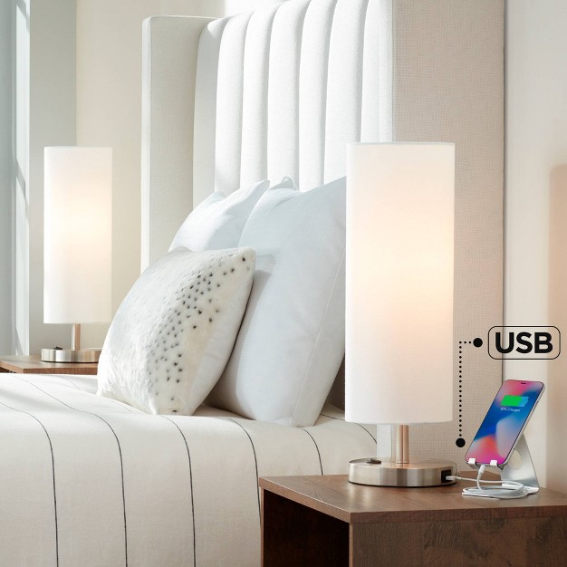 High Set Of 2 Brushed Nickel With Usb And Ac Power Outlet In Base White Cylinder Shade For Desk