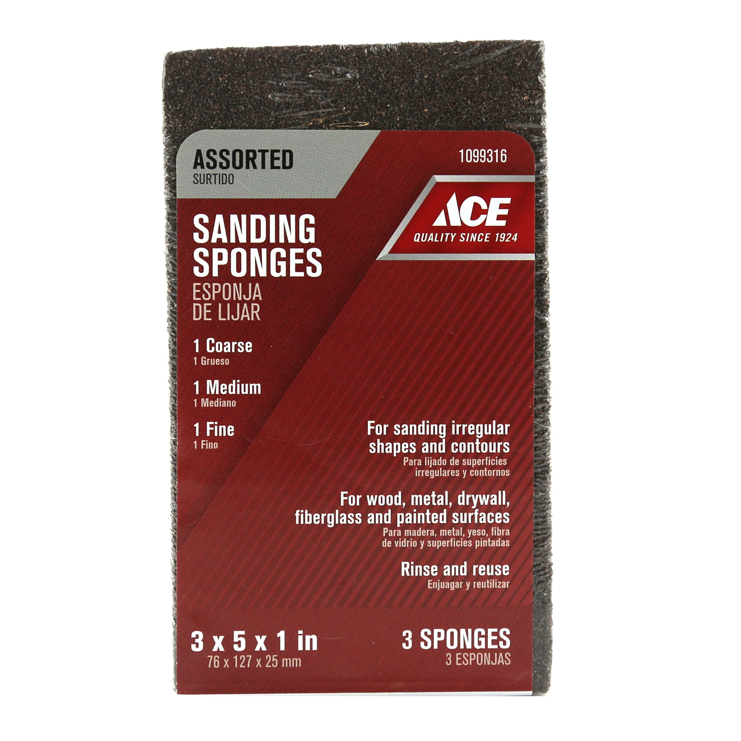 Ace 5 in. L X 3 in. W X 1 in. 60/80/120 Grit Assorted Extra Large Sanding Sponge