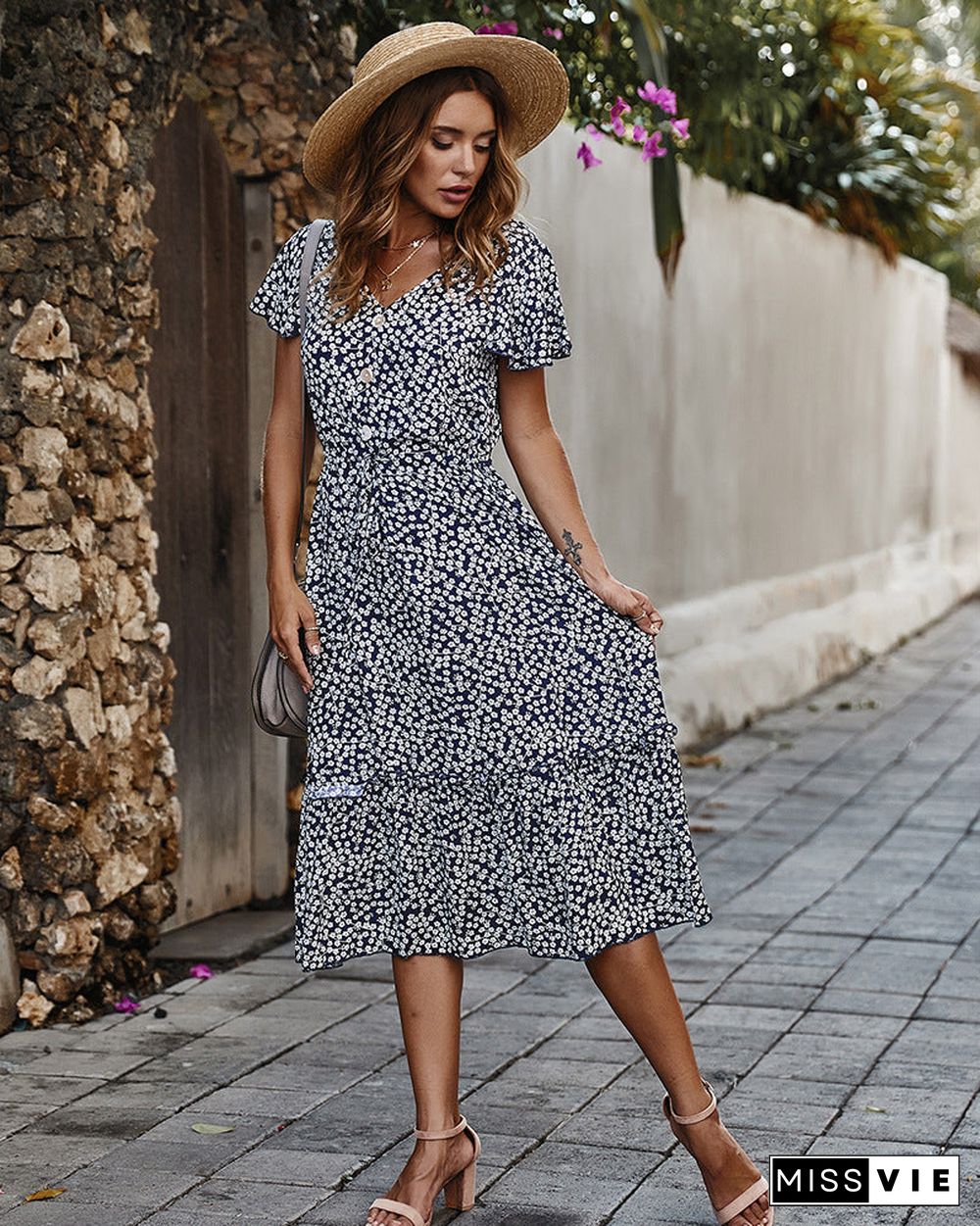 Floral V Neck Short Sleeve Long Dress