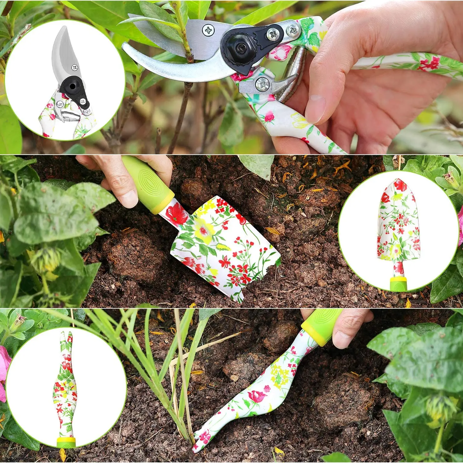 New design Pruning Shears Weeder Hand Rake Shovel Tran 6 PCS Heavy Duty Aluminum Gardening Hand Tools  Kit For Gift