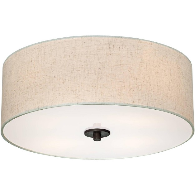 Wide Bronze 4 light Oatmeal Fabric Drum Shade For Bedroom Kitchen Living Room Hallway