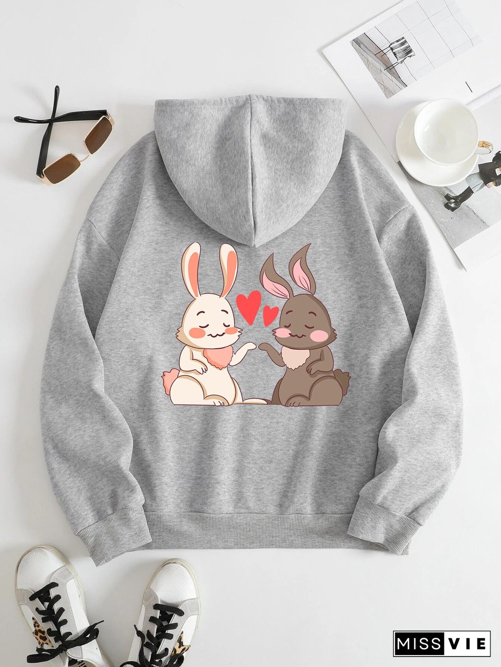 Printed on the Back Kangaroo Pocket Hoodie Long Sleeve for Women Pattern Rabbit in Love