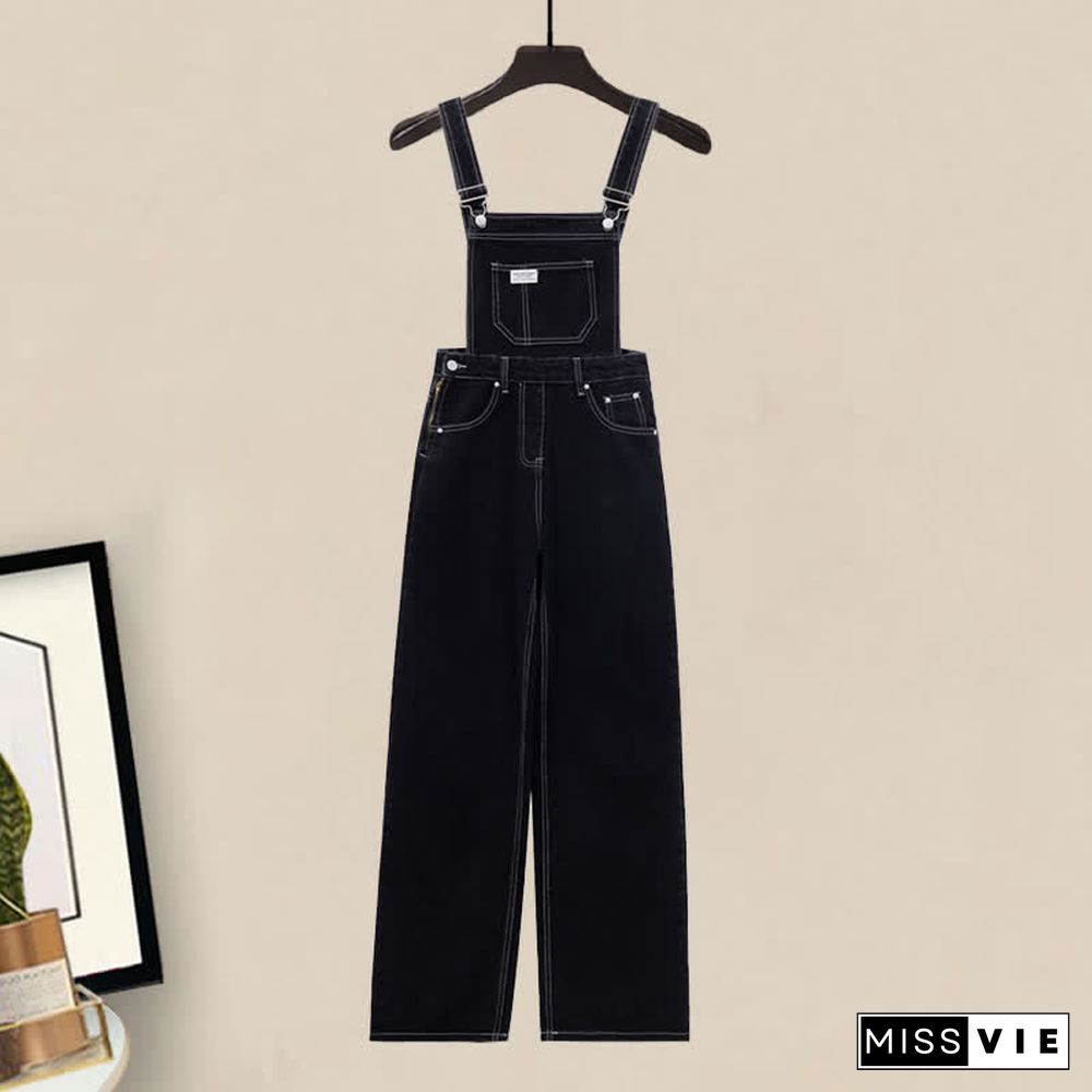 Pocket Lapel Tie T-Shirt Denim Overalls Two Pieces Set