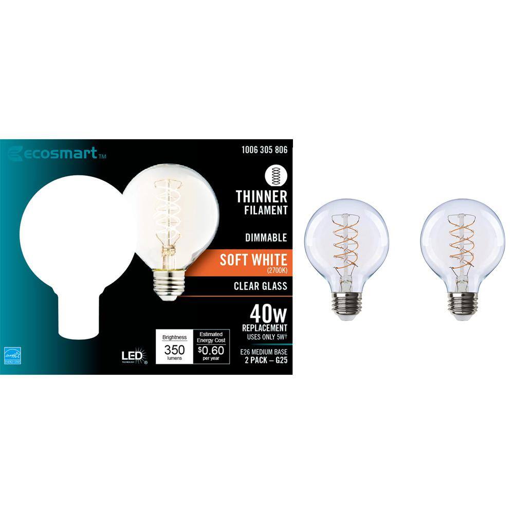 EcoSmart 40-Watt Equivalent G25 Dimmable Fine Bendy Filament LED Vintage Edison Light Bulb Soft White (2-Pack) G25C5E26827S