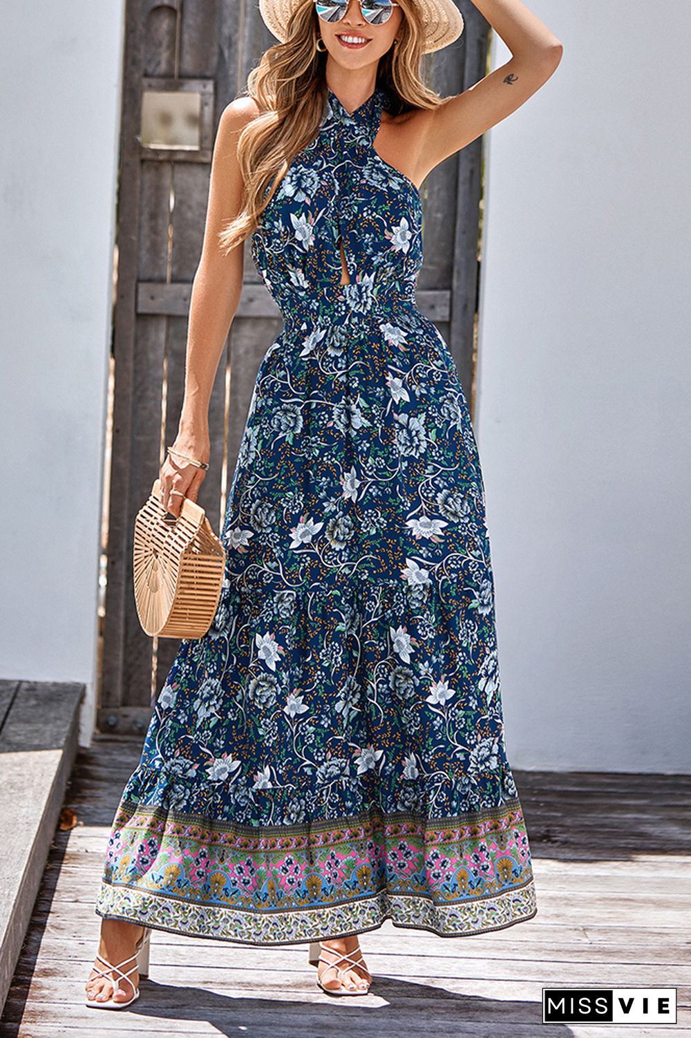 Halter Backless Bohemian Floral Maxi Dress