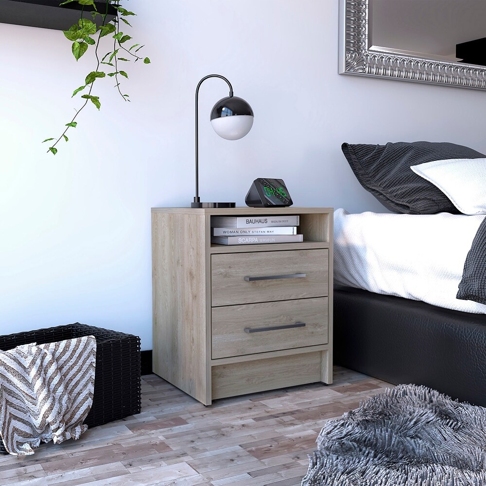 Wooden Nightstand with Two Drawers and Metal Handles