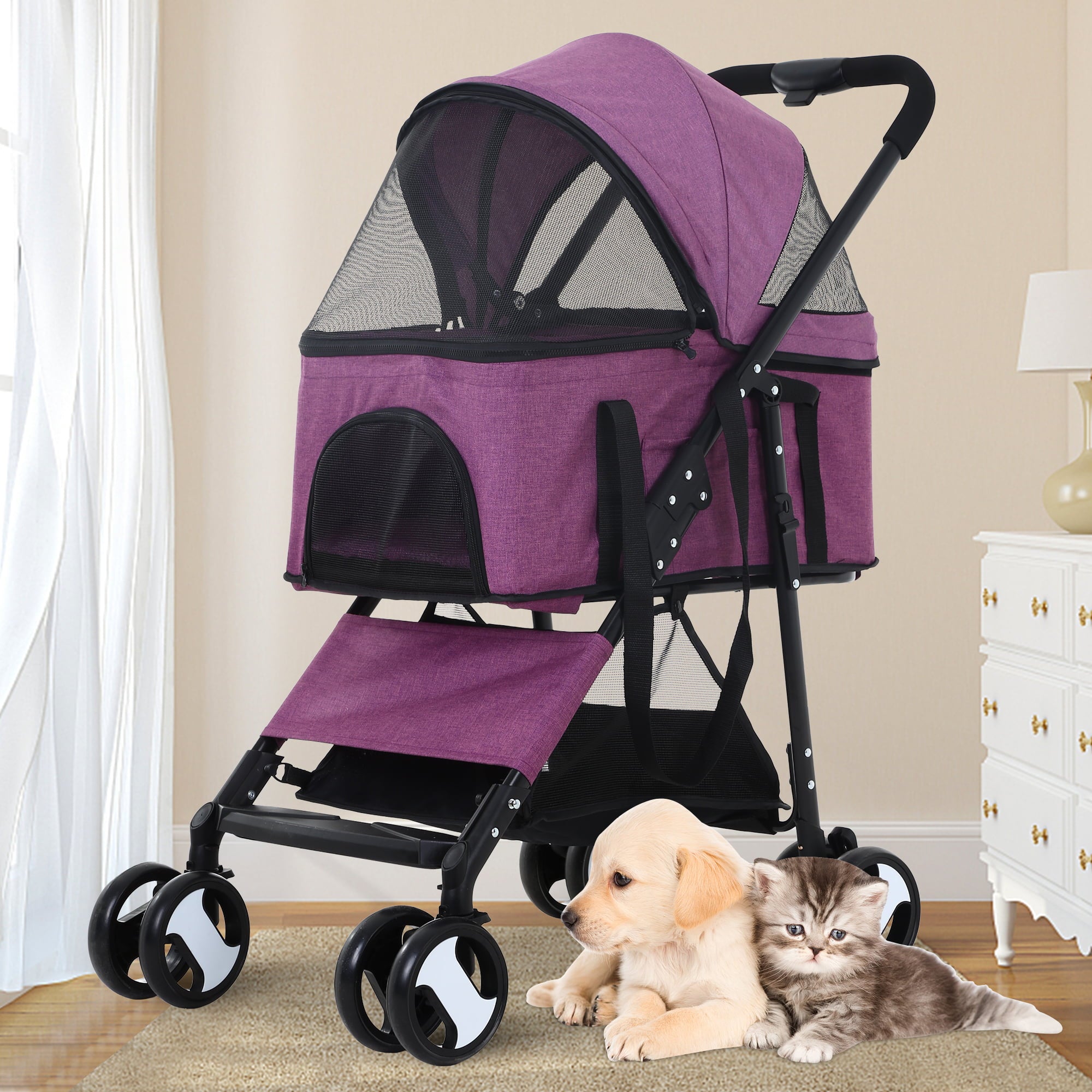 Folding Pet Stroller Dog Cat Stroller with Detachable Carrier Storage Basket, 3 in 1 Lightweight Waterproof Travel Stroller(Purple)