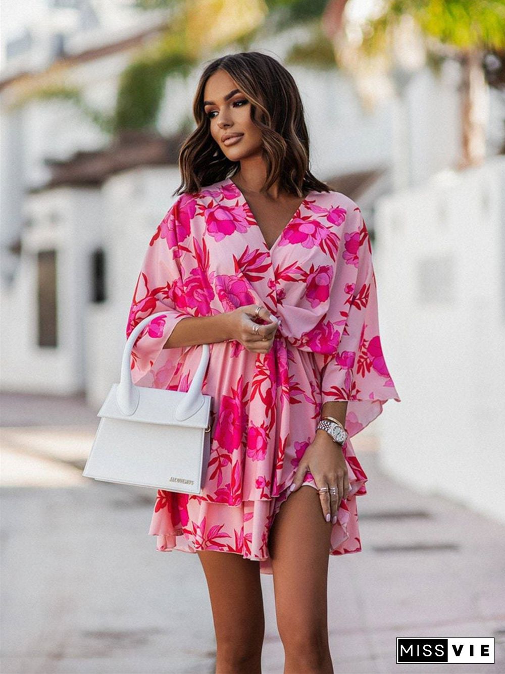 Fashionable Printed Wave Sleeve Dress for Women