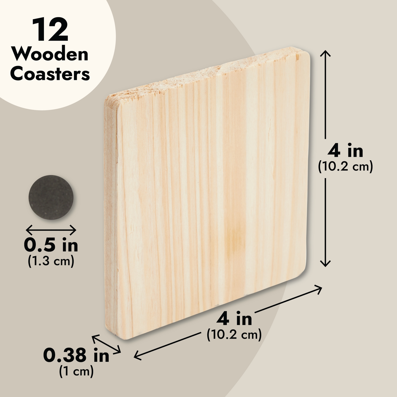 Wood Coasters - 12-Pack Unfinished Square Wood Coasters with Non-Slip Foam Dot， Wooden Drink Coasters， Cup Coasters for Home， Kitchen， Office Desk， Art Craft DIY Project， 3.7 x 3.7 x 0.4 inches