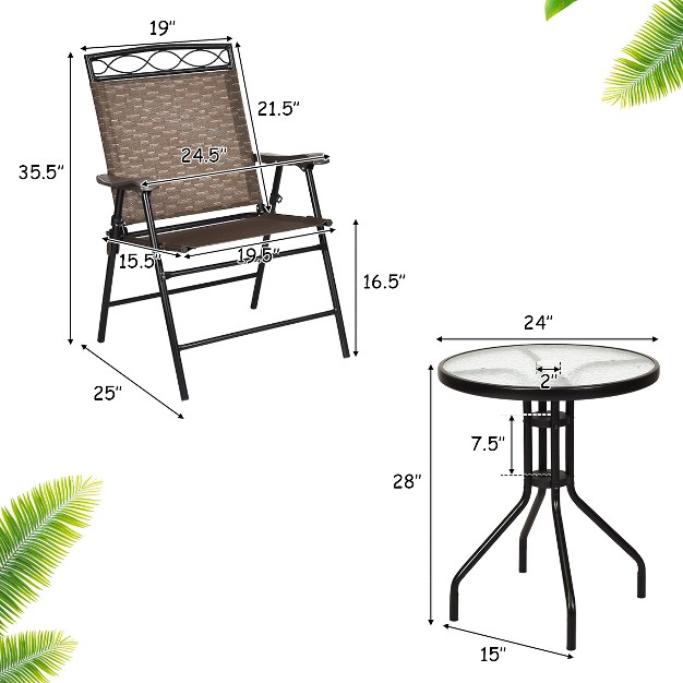 Costway 3 Pcs Bistro Conversation Patio Pub Dining Set W 2 Folding Chairs amp Glass Table