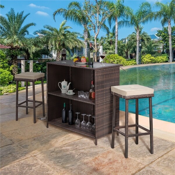 3-Piece Rattan Wicker Bar Height Patio Set for Outdoors， Bro - Overstock - 37150379