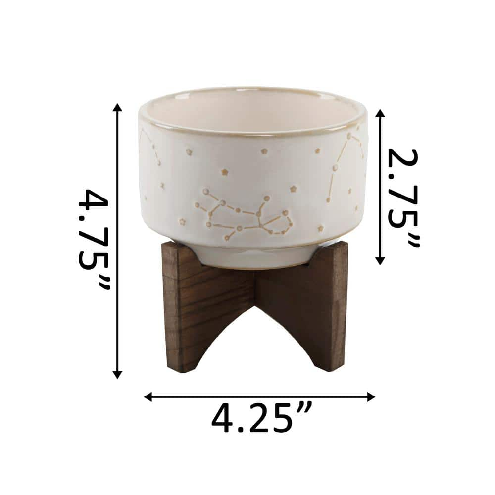 Flora Bunda 4 in. Ivory Ceramic Constellation Pot on Wood Stand Mid-Century Planter CT940E-IVORY