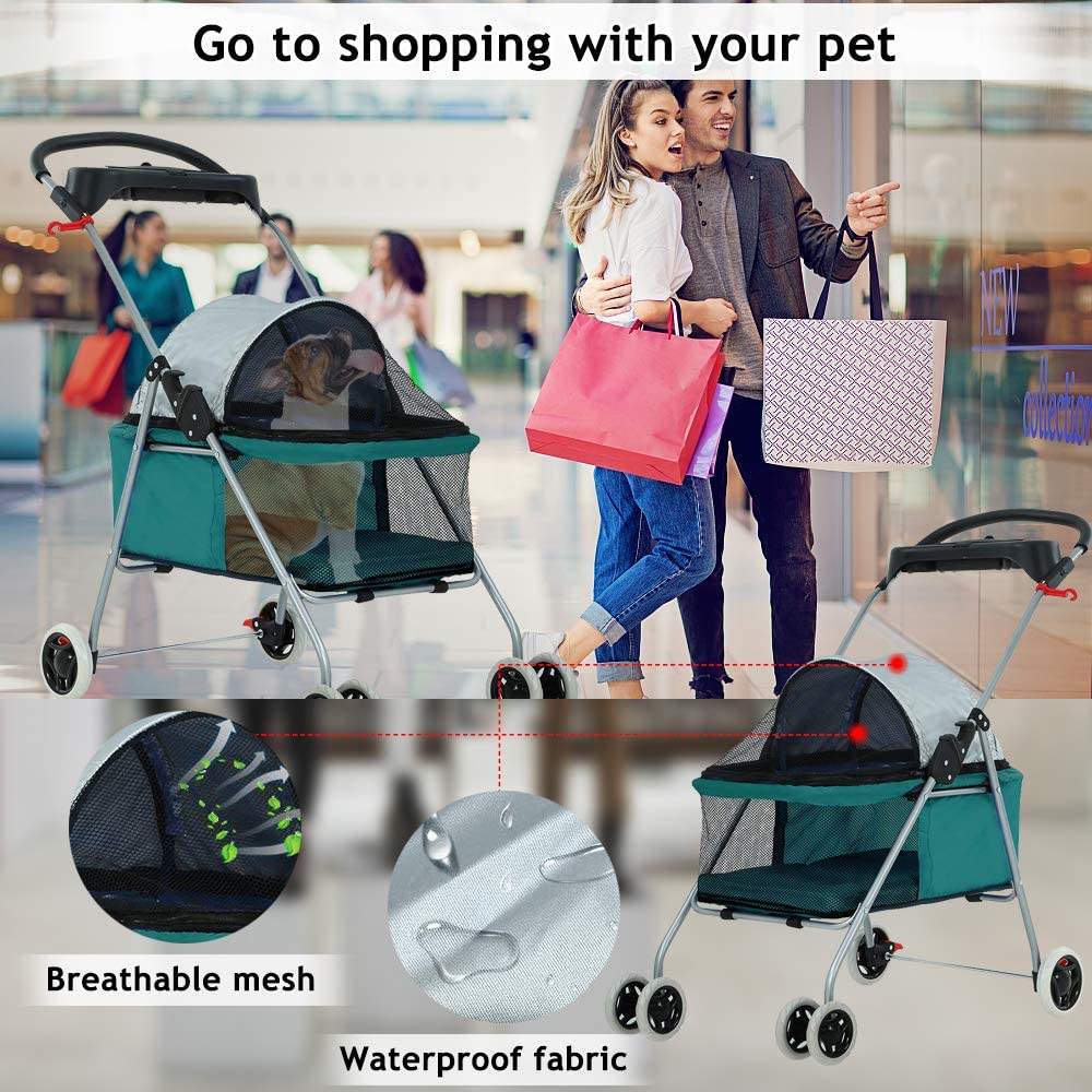 Dkeli Pet Stroller with Cup Holder for Small Dogs，Teal