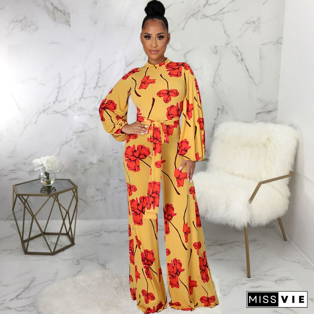 Fashion Digital Printing Spring Autumn O-Neck Long Sleeve Belted One Piece Wide Leg Jumpsuit