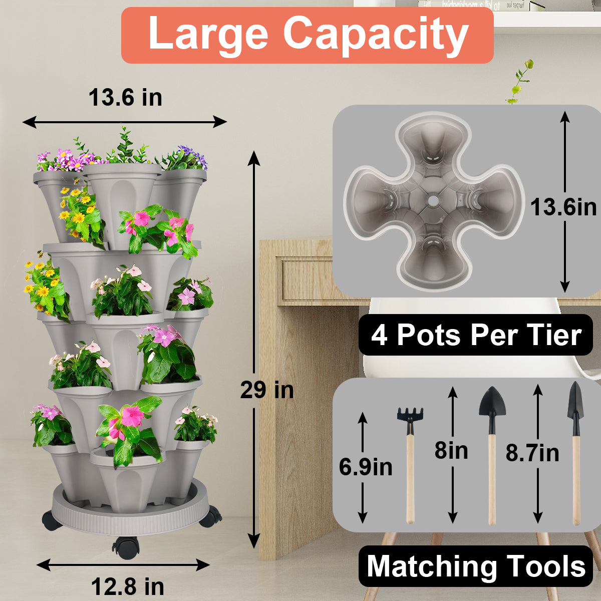 5 Tier Vertical Garden Plastic Planter, Stackable Strawberry and Herb Pots with Saucer for Vegetable Flower Plants, Gray