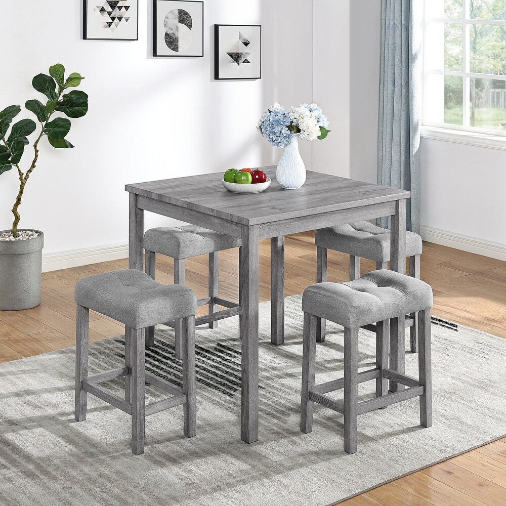 Modern Rustic 5 Pieces Dining Table Set with Counter Height Table and 4 Upholstered Stools Chairs for Kitchen Dining Room