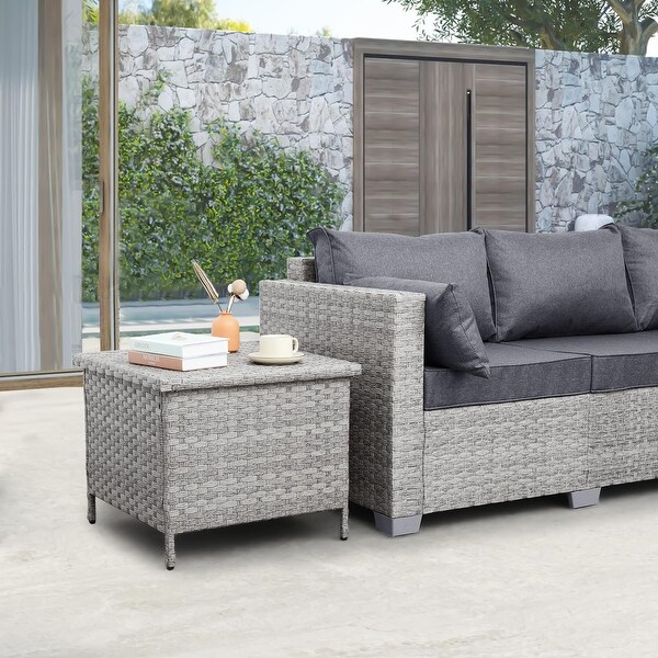 Outdoor PE Wicker Side Table with Storage Patio End Table Resin Rattan Storage Table for Garden Backyard Porch Poolside