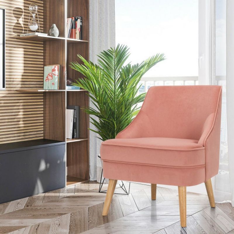 Mid Century Velvet Accent Chair with Rubber Wood Legs for Bedroom-Pink