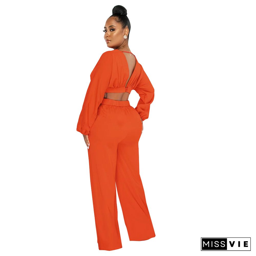 Deep V Neck Crop Top Wide Leg Pants Two Piece Set