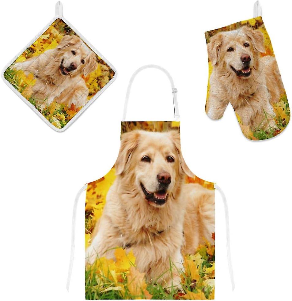 Kitchen Oven Mitts Glove Potholder Apron 3pcs Set Autumn Golden Retriever Dog Non Slip Heat Resistant Mitts For Baking Cooking Bbq