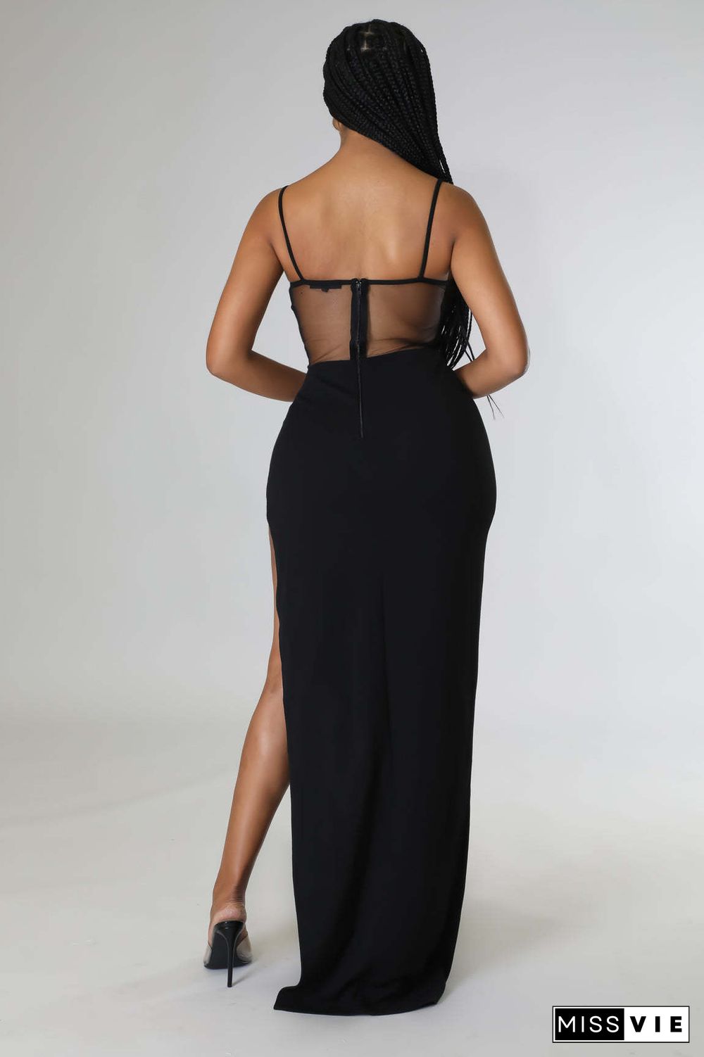 Sexy Mesh Sheer Hot Drill High Split Sling Maxi Dresses