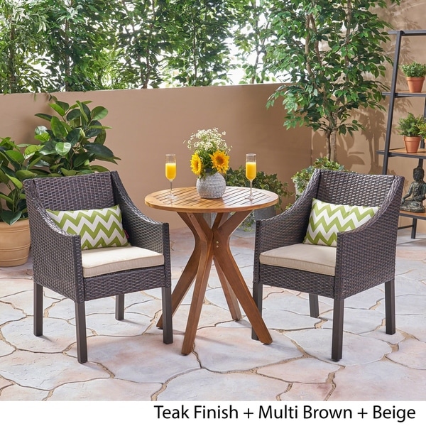 Arrigo Outdoor 3 Piece Acacia Wood and Wicker Bistro Set by Christopher Knight Home