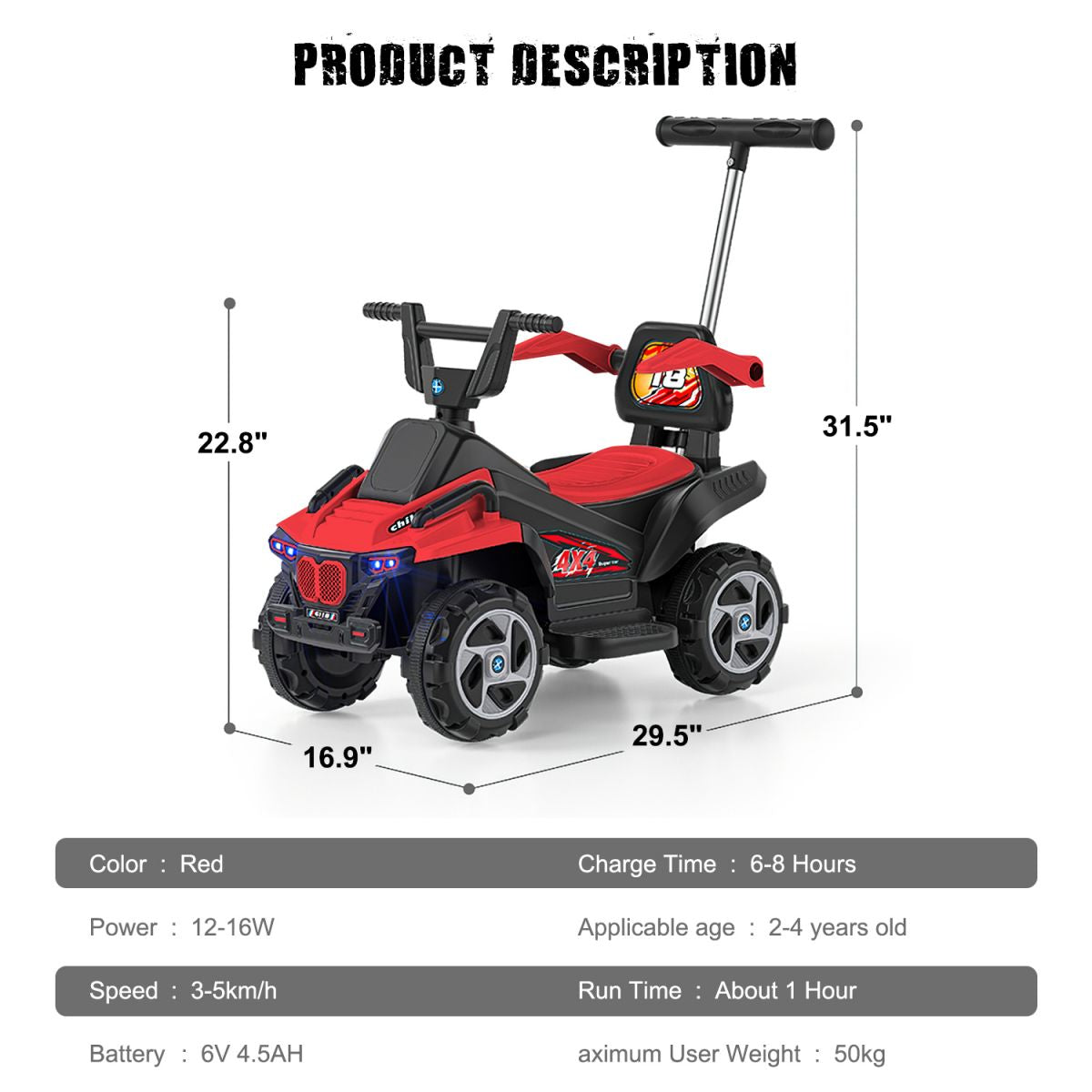 Riding Toys Kids Bikes Toy 6V Kids Ride-On Electric ATV 4-Wheeler Quad Car Toy with LED Headlights Bluetooth