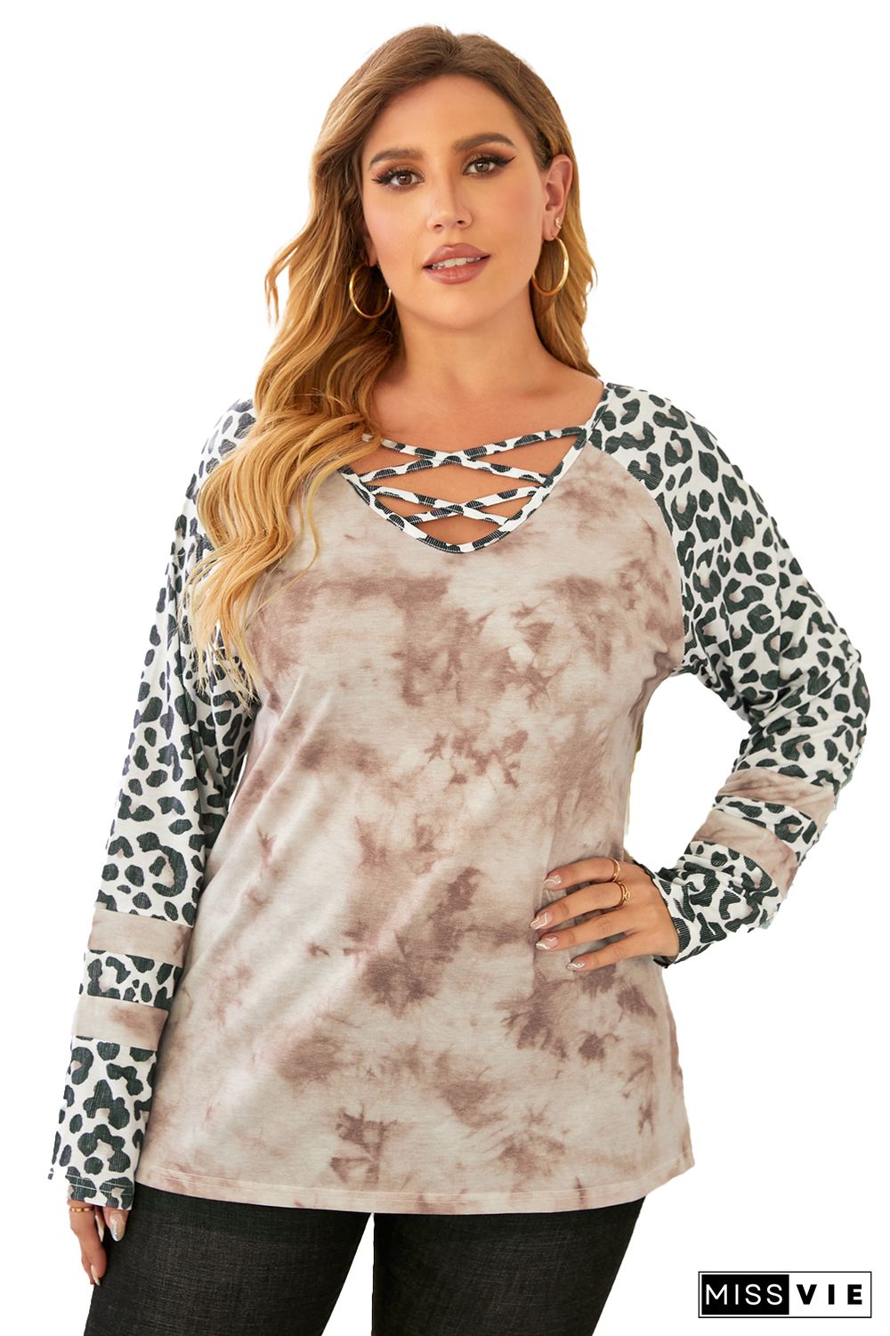 Crisscross Neck Leopard Sleeve Tie-dye Plus Size Top