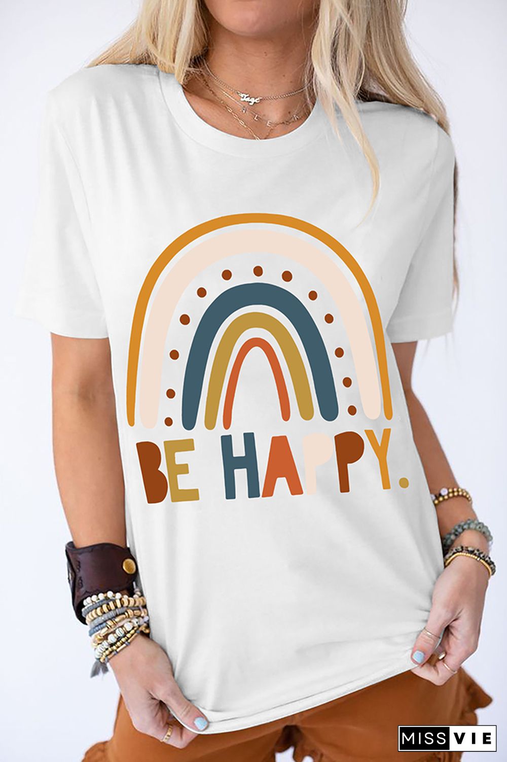 Be Happy Print Graphic Tees for Women Wholesale Short Sleeve T shirts Top